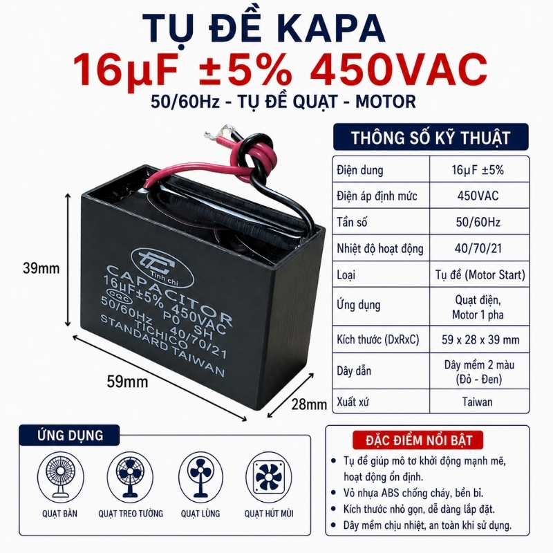 Tụ Đề Kapa Vuông Tinh Chi 16uF 450VAC