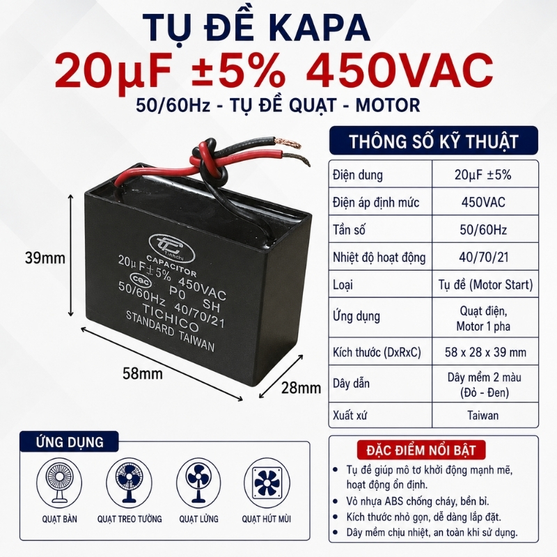 Tụ Đề Kapa Vuông Tinh Chi 20uF 450VAC
