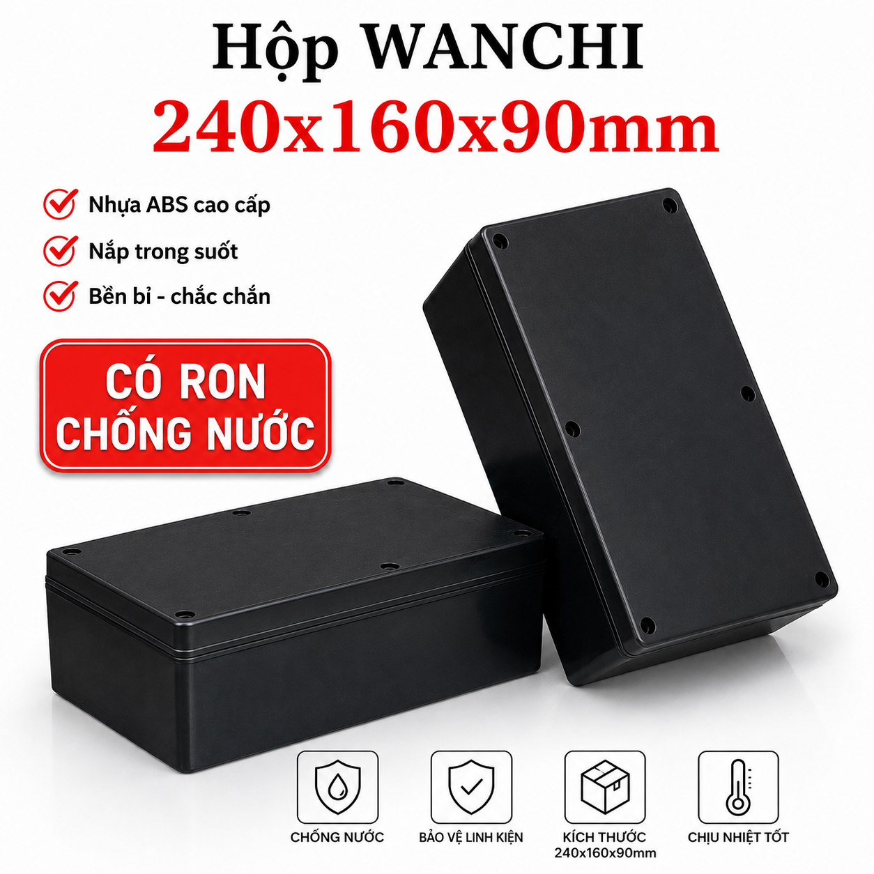 Hộp Nhựa ABS WANCHI 240x160x90mm Màu Đen Nắp Đục