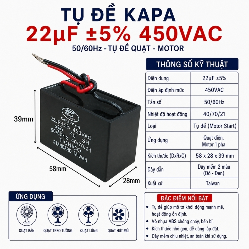 Tụ Đề Kapa Vuông Tinh Chi 22uF 450VAC