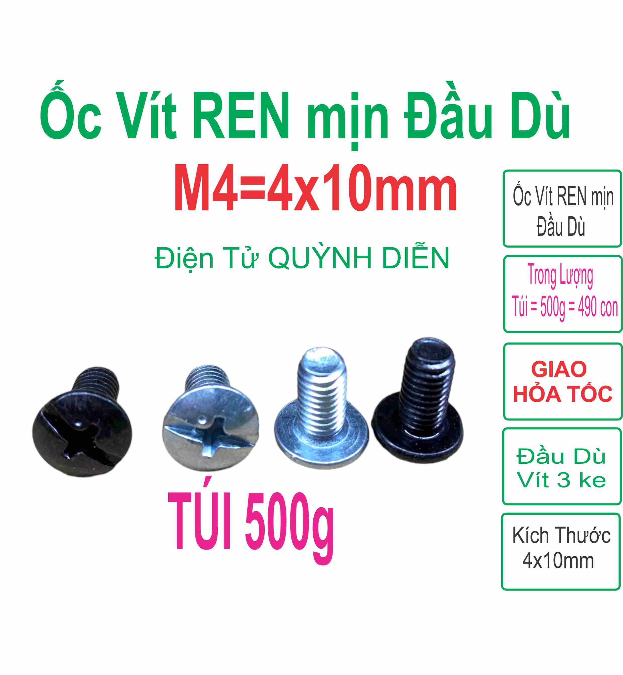 Ốc vít đầu Dù M4 REN mịn 4mm dài 1cm túi 500gam khoảng 490 con không tán