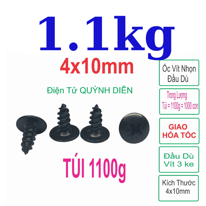 Ốc vít đầu dù ren xoắn 4mm dài 10mm - 1 Túi khoản 1000 con khoản 1100g