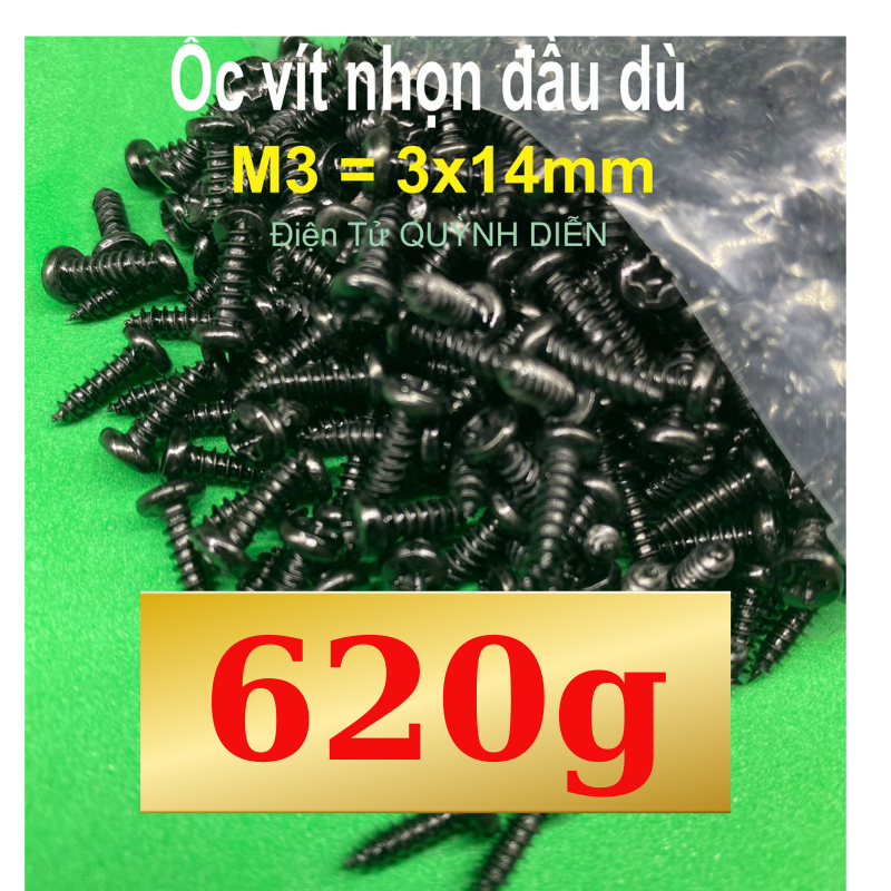 Ốc vít đầu dù nhọn răng xoắn 3mm dài 14mm ĐEN một túi 620gram khoản 950 con