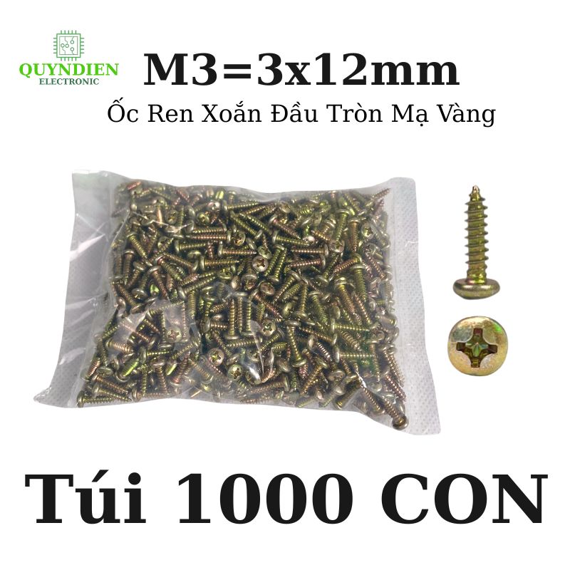 Ốc Vít Nhọn M3x12mm Đầu Tròn Ren Xoắn Mạ Vàng - 1.000 Con