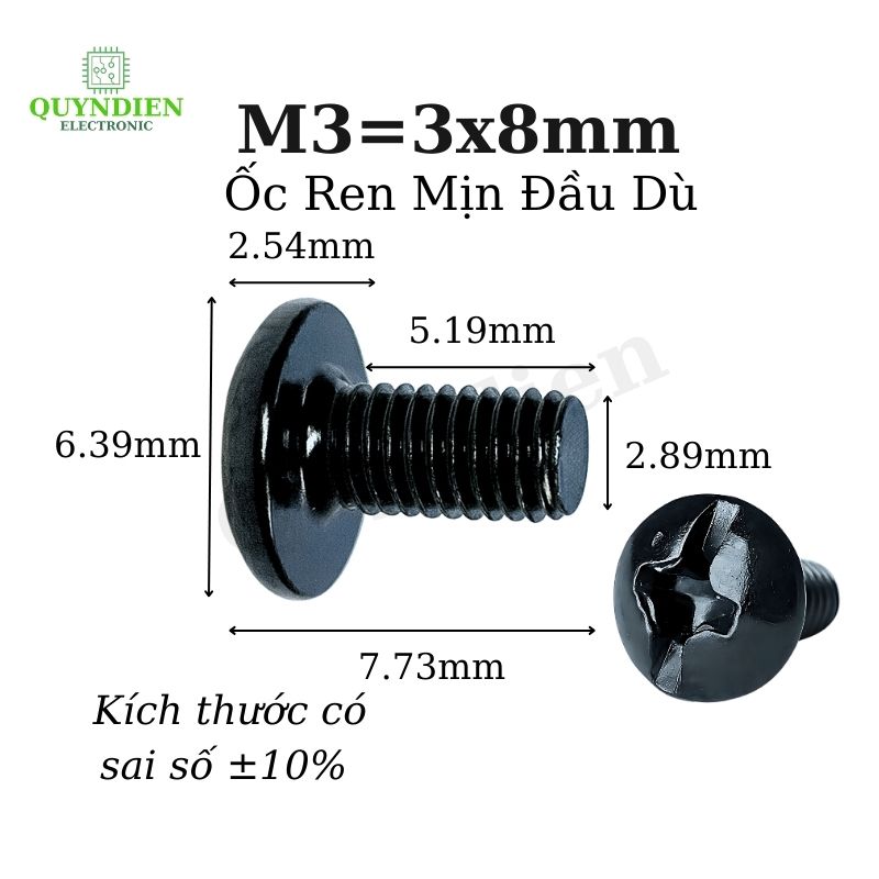 Ốc Vít Ren Mịn Đầu Dù M3x8mm - Túi 500 Con