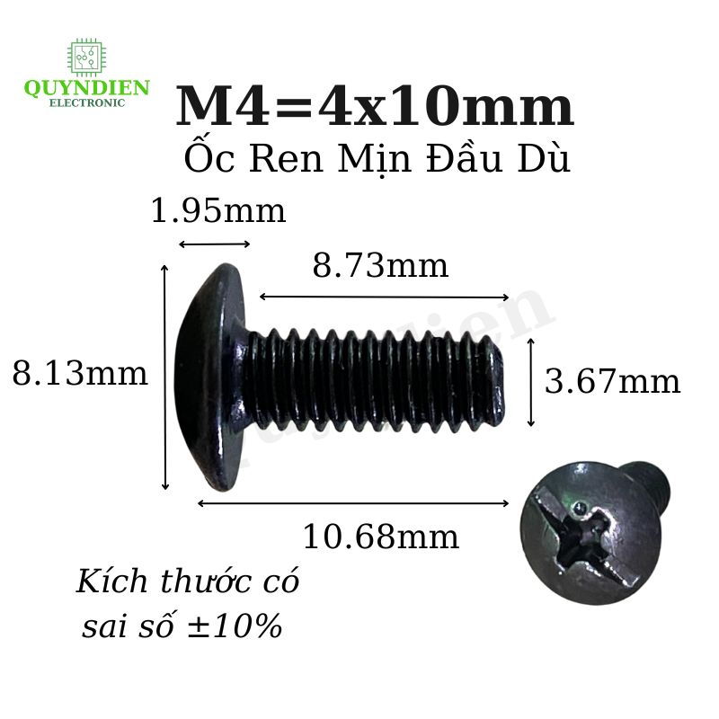 Ốc Vít Đầu Dù Ren Mịn M4=4x10mm Màu Đen - 1.000 Con