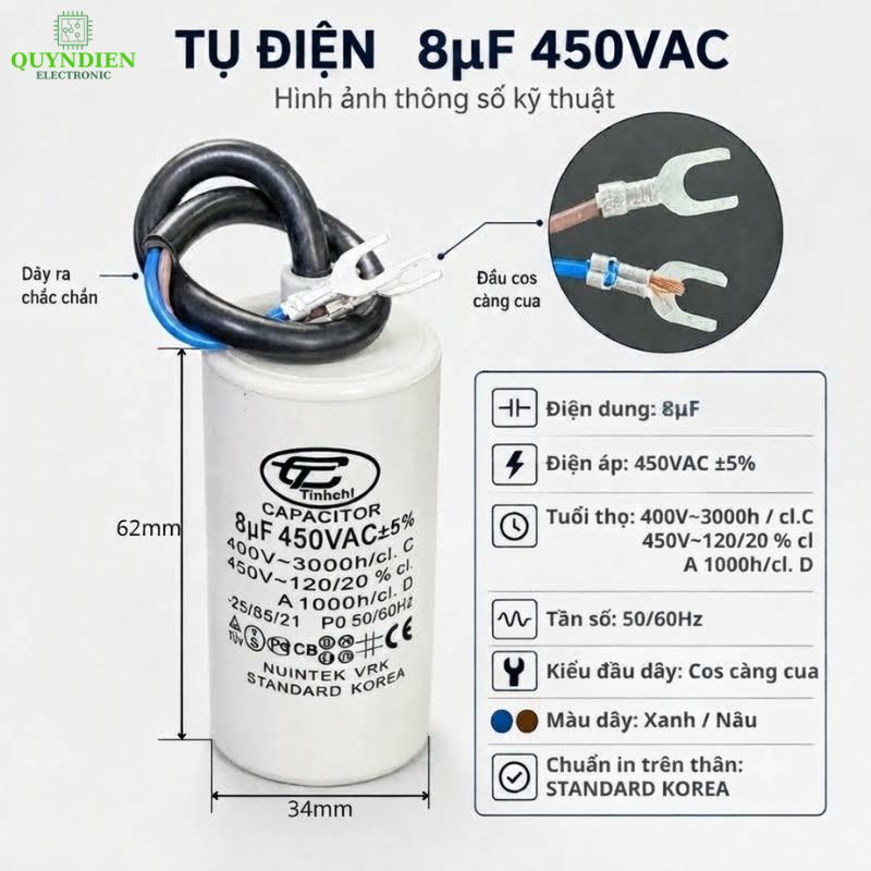 Tụ Đề Máy Bơm Nước 8uF 450VAC Tinh Chi
