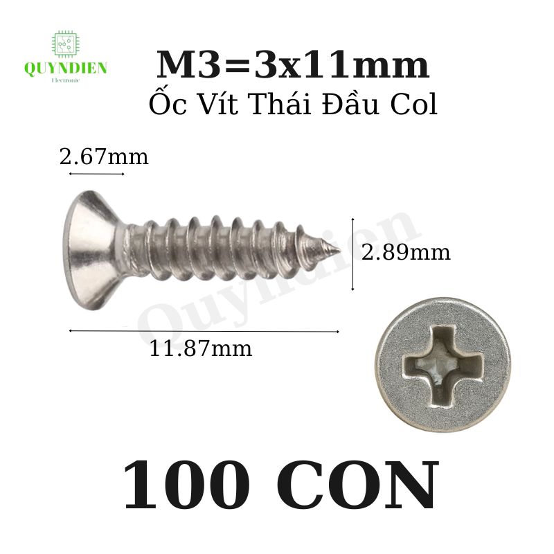 Ốc vít Thái M3x11mm ren xoắn đầu Col dài 11mm - 100 Con