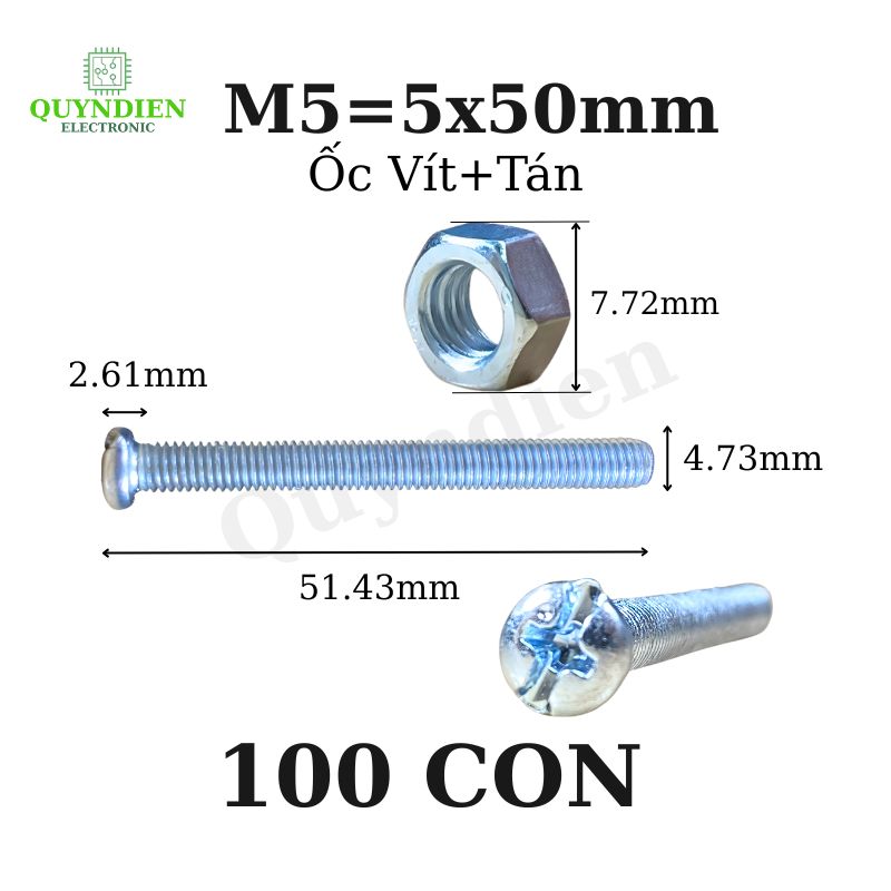 Ốc vít kèm tán M5x50mm túi 100 con