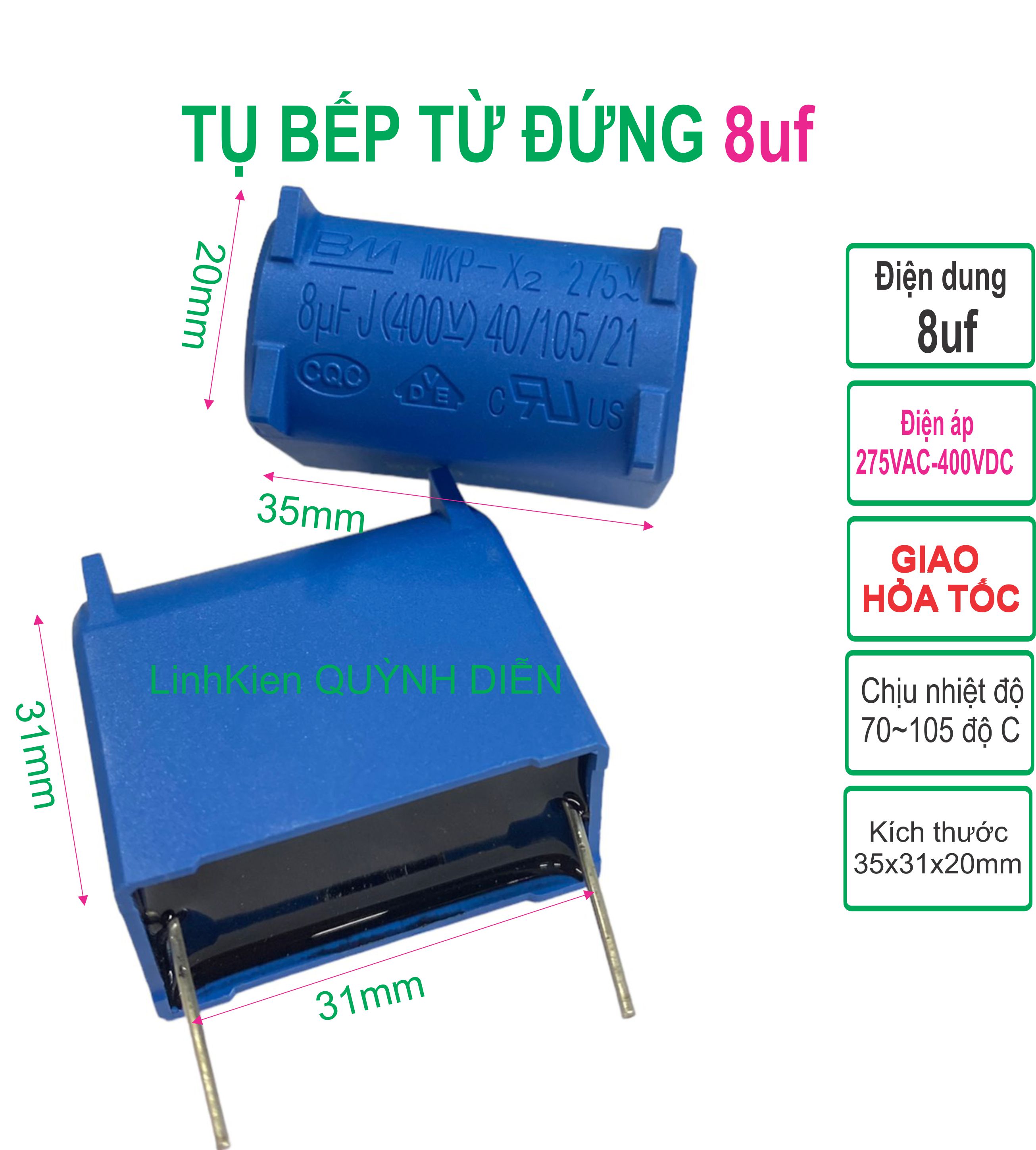Tụ bếp từ 8uF 275VAC/400VDC đứng