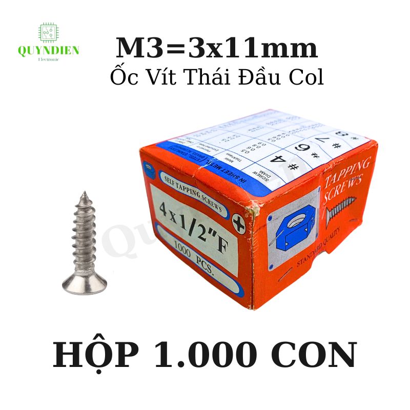 Ốc vít Thái M3x11mm ren xoắn đầu Col dài 11mm - 1.000 Con