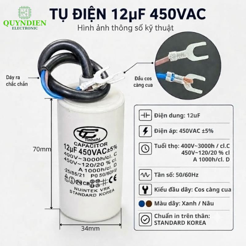 Tụ Đề Máy Bơm Nước 12uF 450VAC Tinh Chi