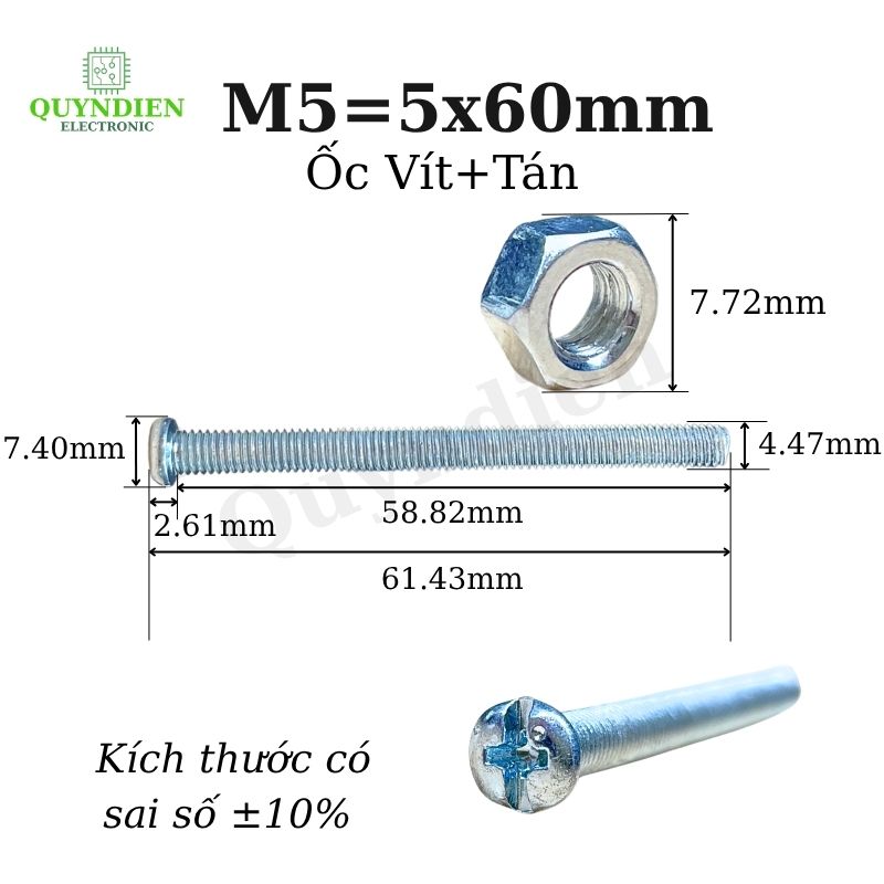 Ốc Vít M5x60mm Có Kèm Tán - Túi 100 Con
