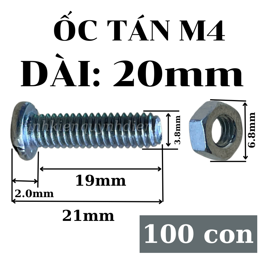 Ốc vít M4 dài 20 mm có kèm tán túi 100 con