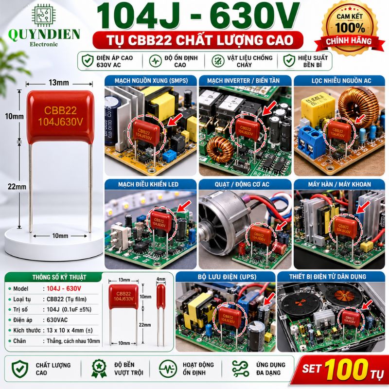 Tụ Kẹo Nâu Đỏ CBB21 104J 630V