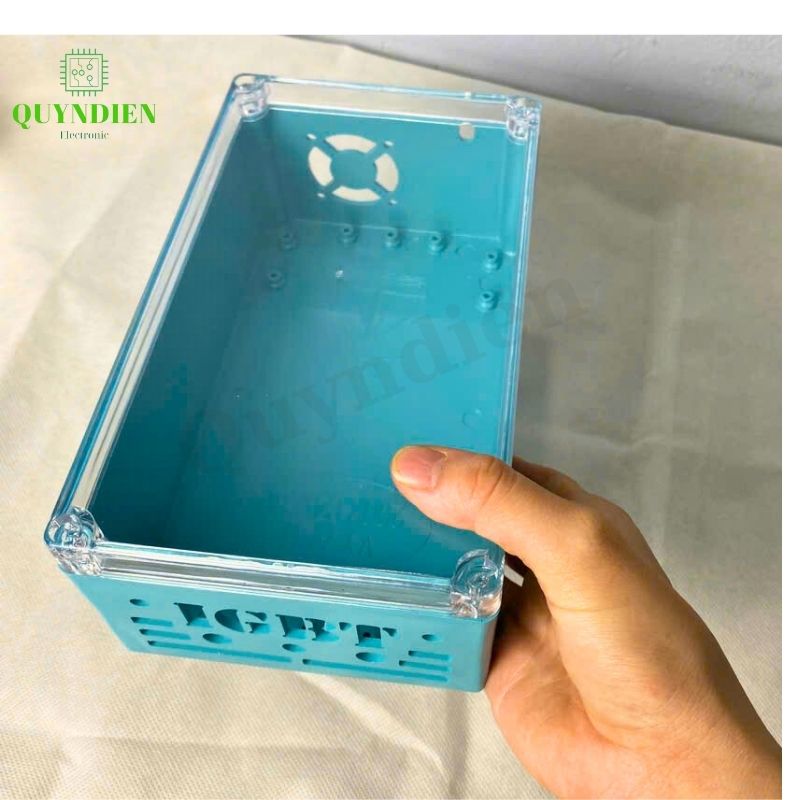 Hộp nhựa Khoan Sẵn IGBT 200x120x80mm Xanh nắp Trong quạt Bên