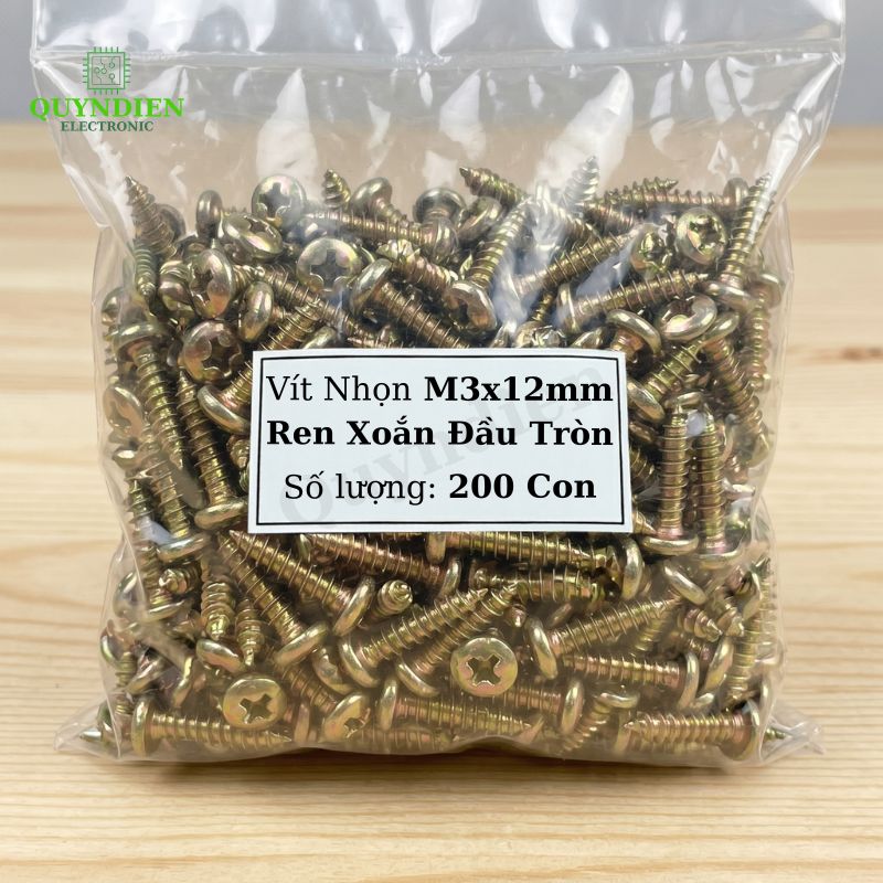Ốc Vít Nhọn M3x12mm Đầu Tròn Ren Xoắn Mạ Vàng
