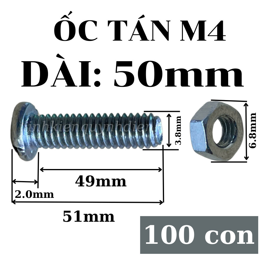 Ốc vít M4 dài 50 mm có kèm tán túi 100 con