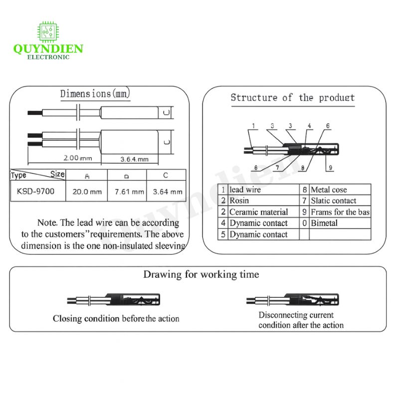 Cầu Chì Nhiệt KSD9700 70 Độ 250VAC 5A – 90mm
