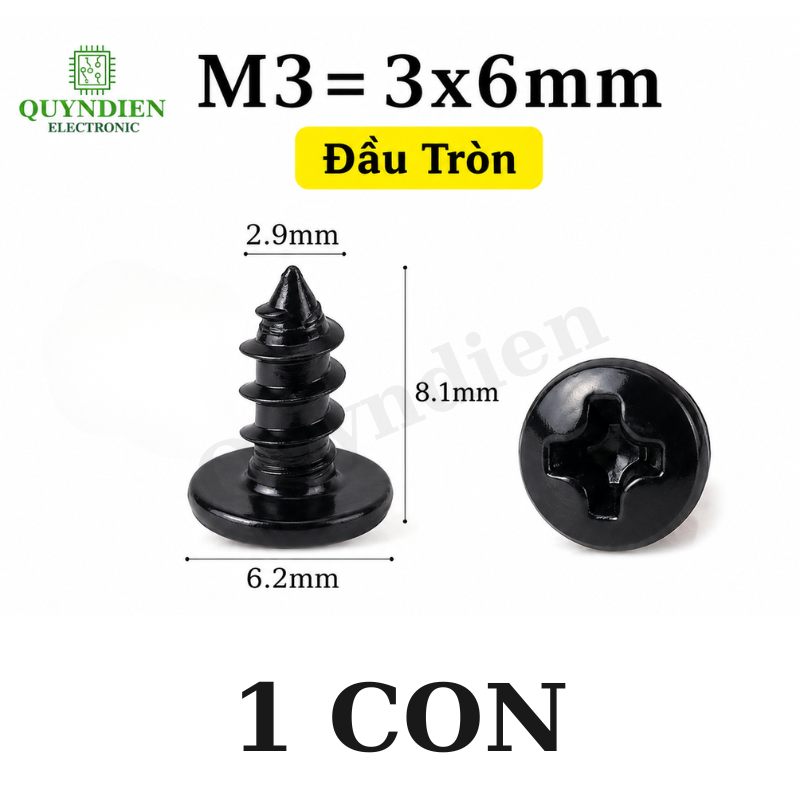 Ốc Vít Nhọn Đầu Tròn M3 Màu Đen 3x6mm