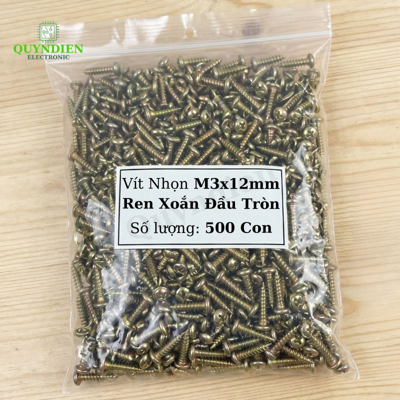 Ốc Vít Nhọn M3x12mm Đầu Tròn Ren Xoắn Mạ Vàng