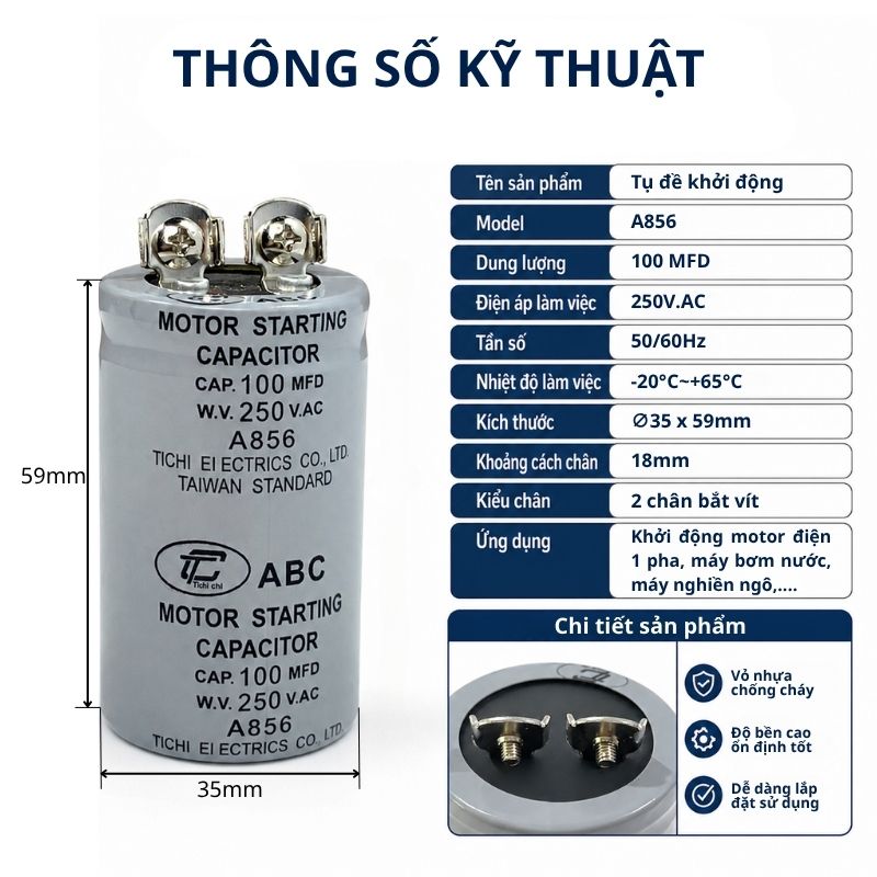 Tụ Đề Khởi Động Tinh Chi 100uF 250VAC