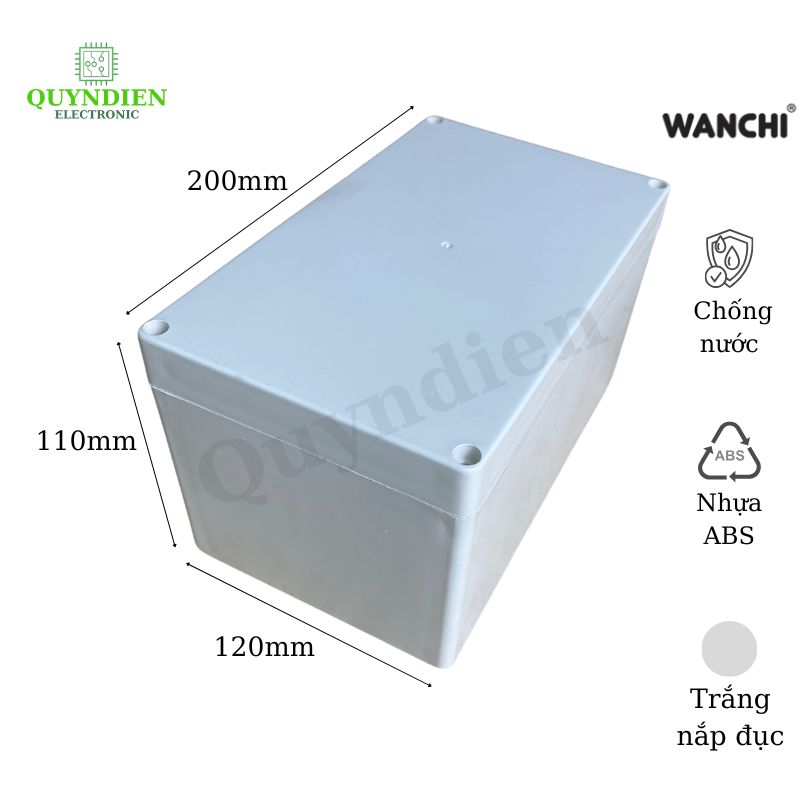 Hộp Nhựa ABS chống nước 200x120x110mm Wanchi, màu đen nắp trong