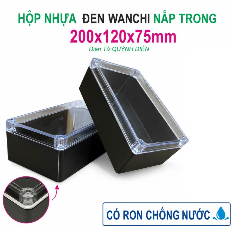 Hộp Nhựa chống nước ABS 200x120x75mm Wanchi, màu đen nắp trong