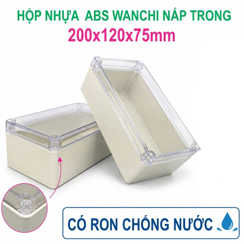 Hộp Nhựa ABS chống nước 200x120x75mm Wanchi, màu trắng nắp trong