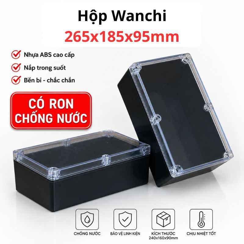 Hộp Nhựa ABS chống nước 265x185x95mm Wanchi, màu đen nắp trong