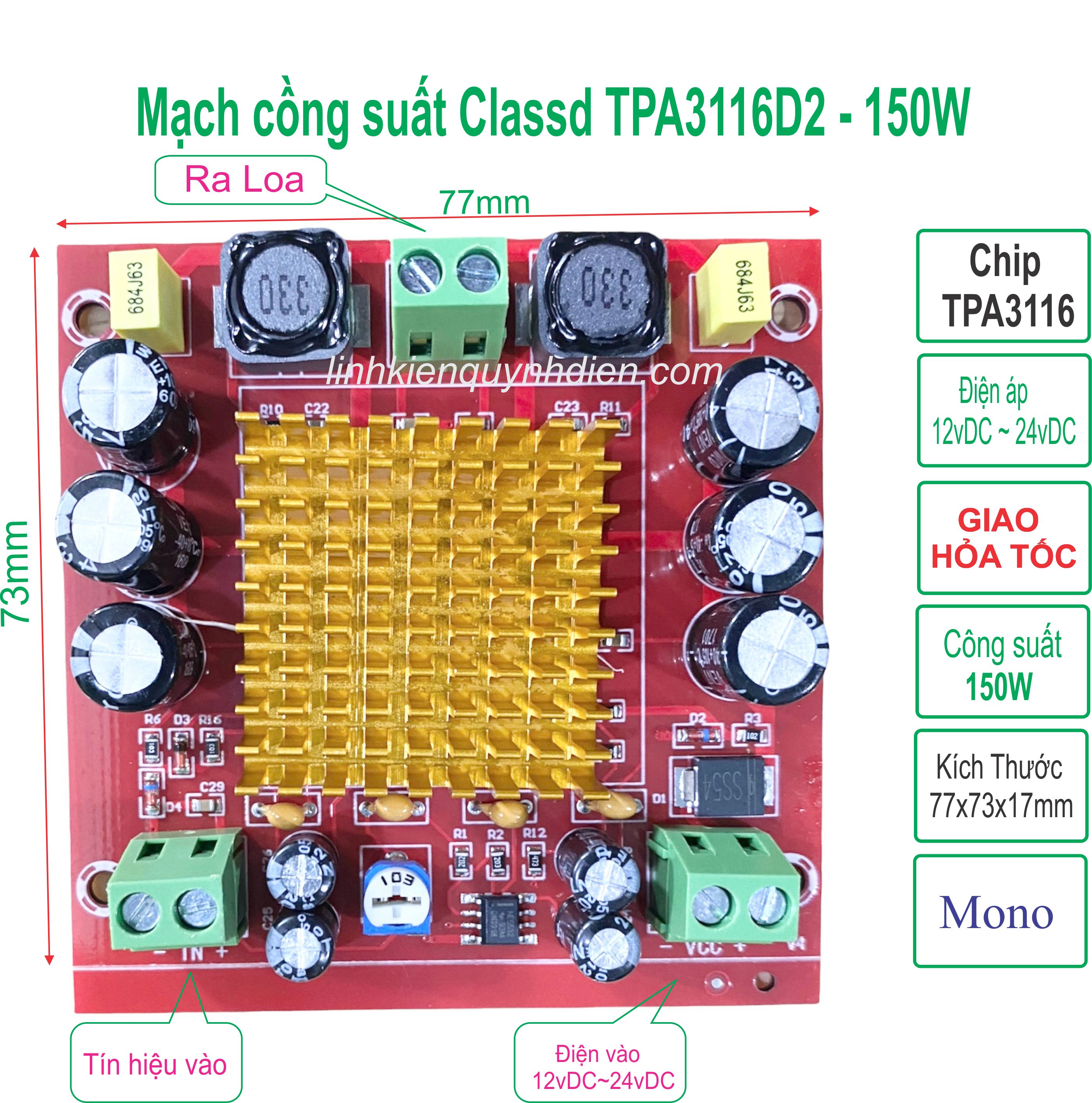 Mạch khuếch đại công suất TPA3116D2 Mono Công suất 150W Class D Sử dụng nguồn 12-24VDC