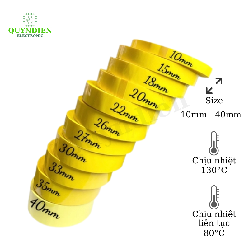 Băng dính quấn biến áp xung - Băng dính chịu nhiệt màu vàng Nhiều Size