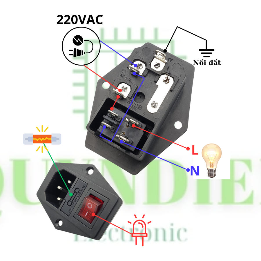 Ổ cắm nguồn AC-01A 250V-10A tích hợp công tắc có tặng kèm 1 cầu chì