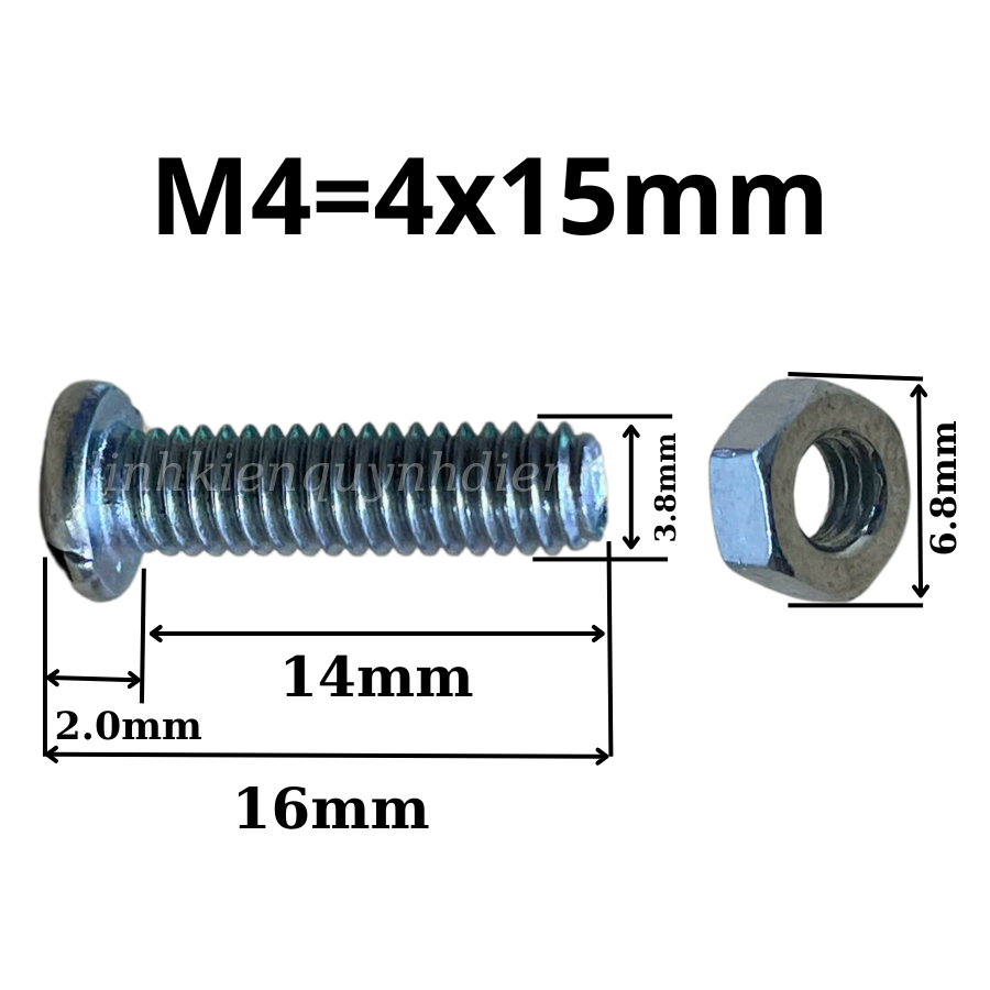 Ốc vít M4 dài 15 mm có kèm tán túi 100 con