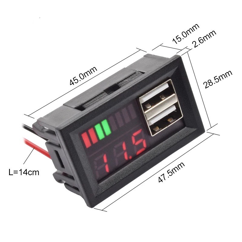 Thiết bị đo dung lượng Pin Đồng hồ điện tử LED 12.6V hiển thị kĩ thuật số có 2 cổng USB
