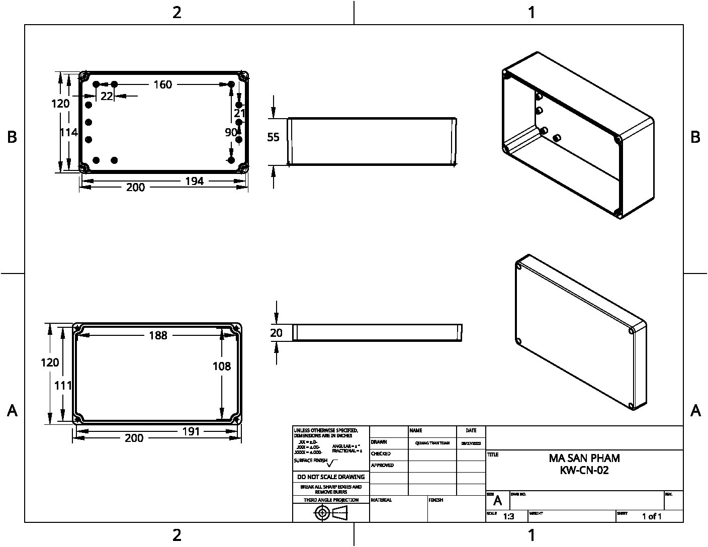 Hộp Nhựa chống nước ABS 200x120x75mm Wanchi, màu đen nắp trong