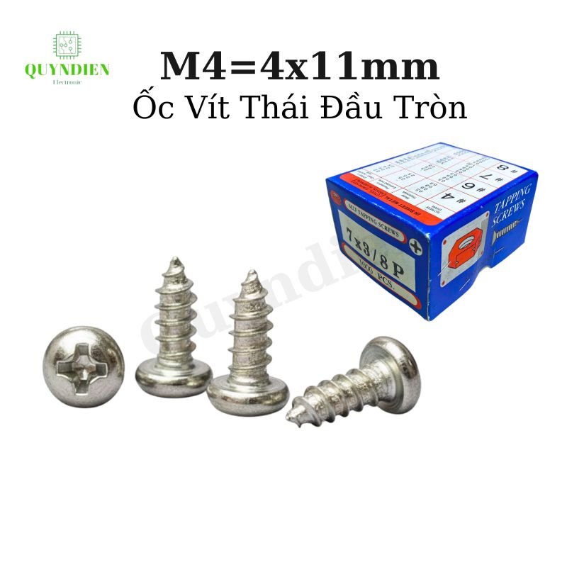 Ốc vít Thái M4x11mm ren xoắn đầu Tròn dài 11mm - 100 Con