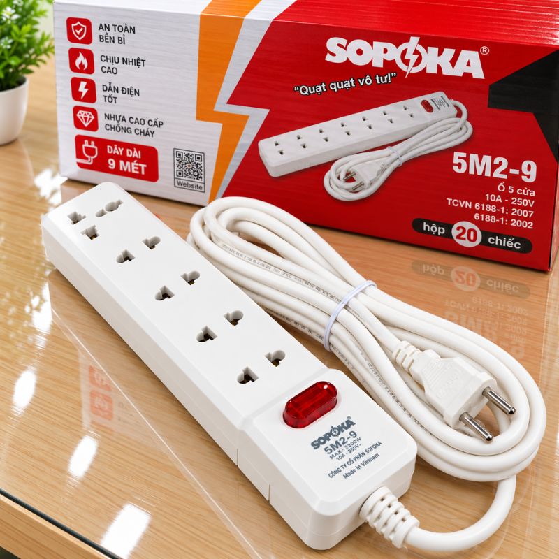 Ổ cắm lõi sứ chống cháy Con tắc 5 cửa 2200W