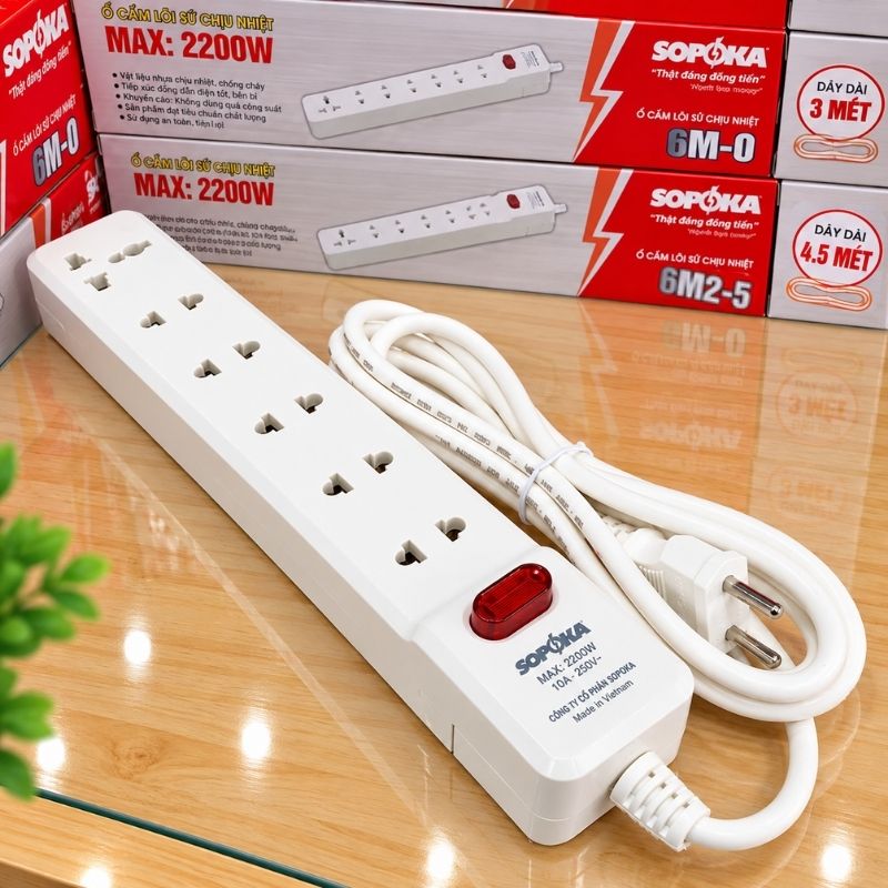 Ổ cắm lõi sứ chống cháy Con tắc 6 cửa 2200W