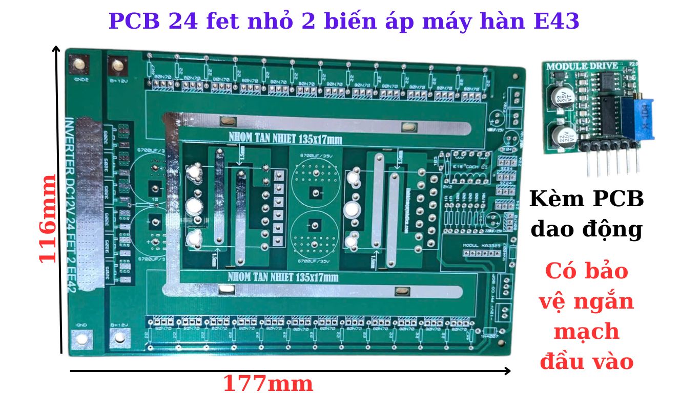 PCB Mạch Kích INVERTER 24 FET Nhỏ 12V DC ra AC– 2 Biến Áp EE42/E43 Đứng, Kèm Bo Dao Động KA3525