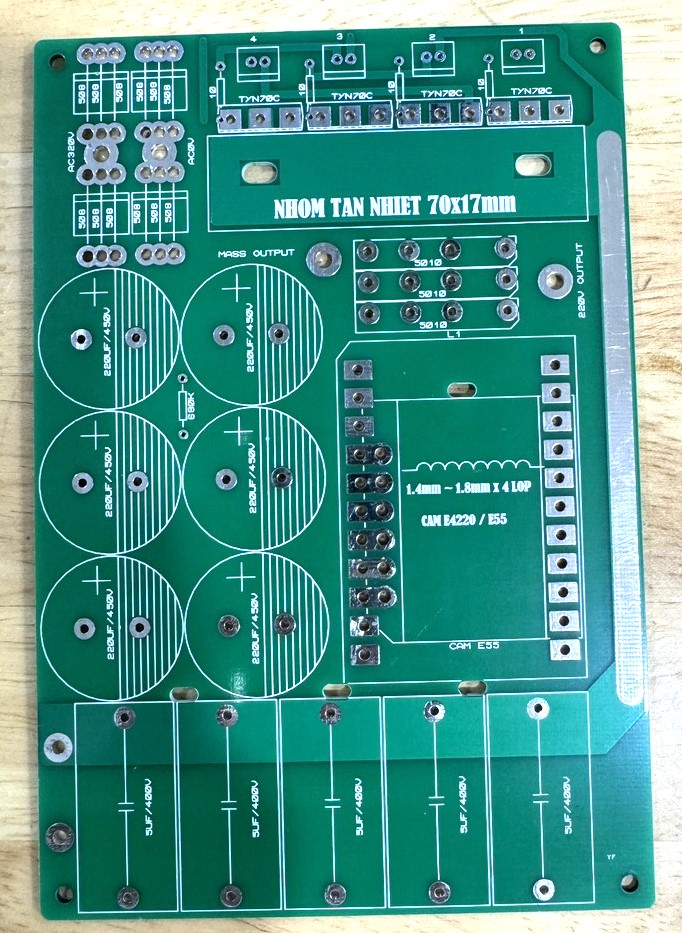PCB mạch nguồn 16 fet lớn biến áp E65/E70 nằm kết hợp mạch băm Cầu H 4 SCR + lái fet + lái cầu H
