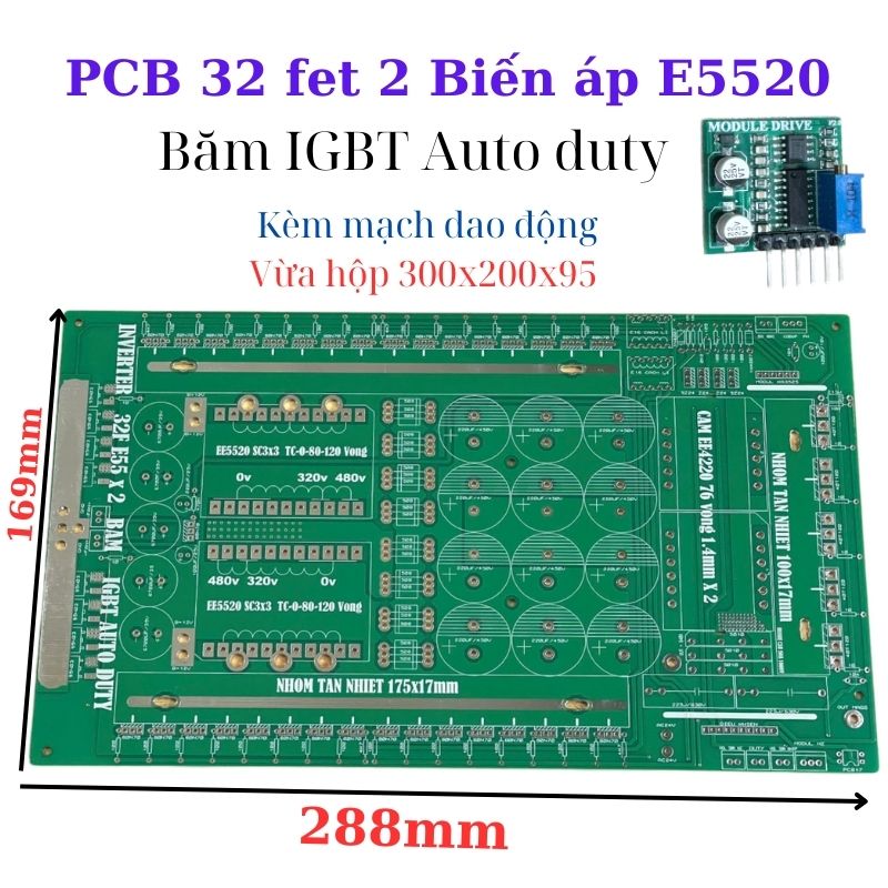PCB bo mạch kích đ iện 32 fet nhỏ 2 biến áp E5520 đảo pha băm IGBT Auto Duty (Kèm dao động)
