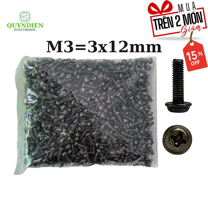 Ốc Vít Ren Mịn Đầu Long Đền M3x12mm - Túi 1000 Con