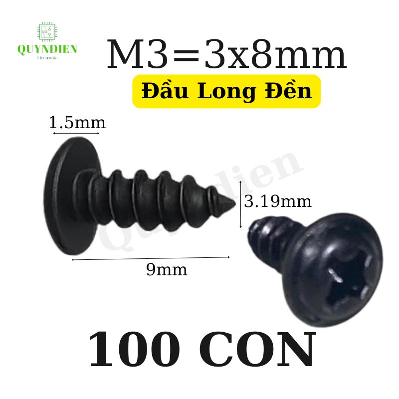 Ốc vít nhọn M3x8mm đầu long đền dài 8mm - Túi 100 Con