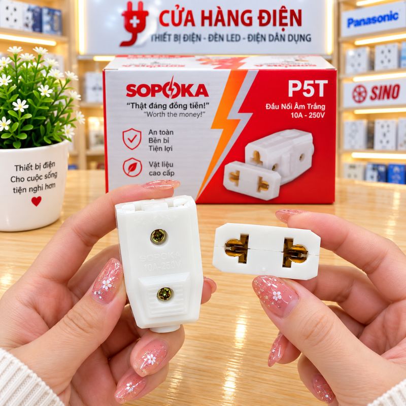Phích cắm điện cái đầu nối âm trắng P5T SOPOKA