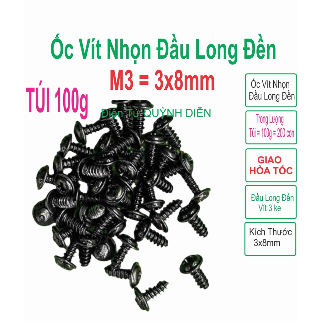 Ốc vít 3x8mm Đầu long đền bắt fet còng sò bắt vỏ ampli 100g