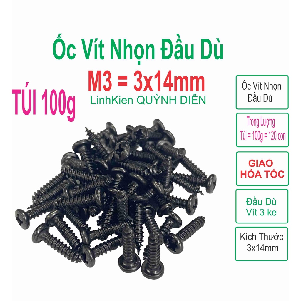 Ốc vít đầu Dù 3x14mm ren xoán nhọn 100g