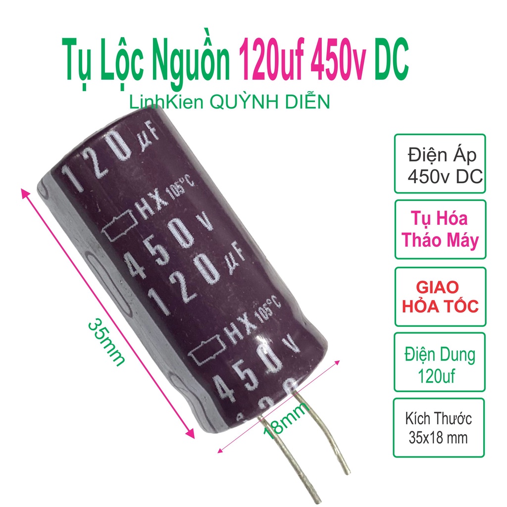 Tụ lộc nguồn 120uF 450V tháo máy màu nâu - đen chân mềm (18x35mm)