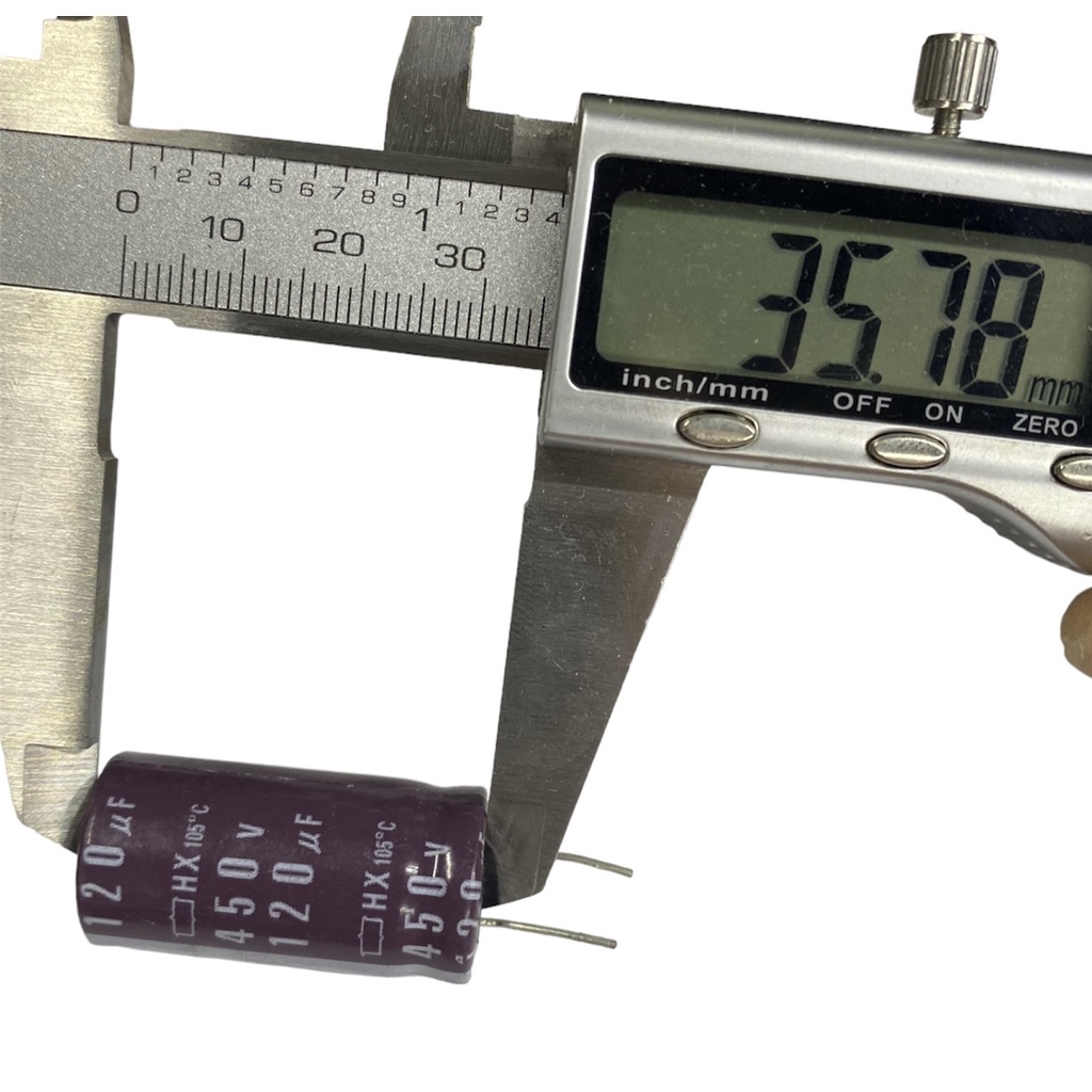 Tụ lộc nguồn 120uF 450V tháo máy màu nâu - đen chân mềm (18x35mm)