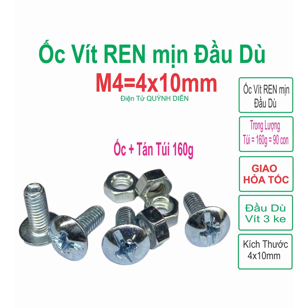 Ốc vít đầu Dù M4 REN mịn 4mm dài 1cm túi 160gam khoảng 90 con kèm tán